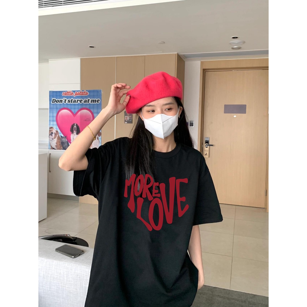 EUNII T-shirt Lengan Pendek Red Heart Korean Style/Kaos Atasan Wanita/Baju Kaus Oversize Wanita