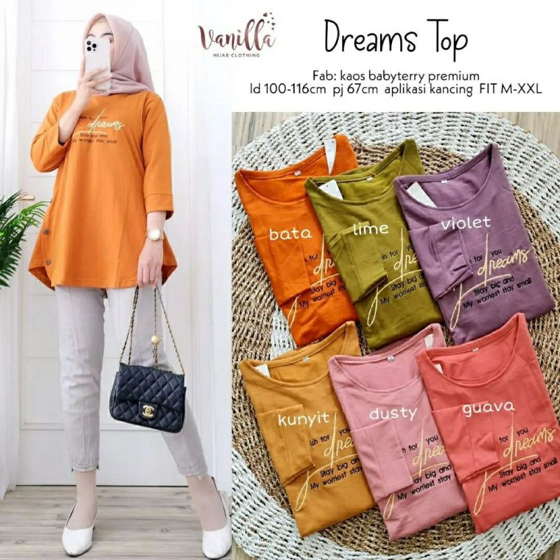 Dreams Top, KAOS WANITA CANTIK MODIS MURAH FIT XXL LD 100-116 BAHAN KAOS BABYTERRY PREMIUM MIX BORDIR TERMURAH OOTD TERLARIS