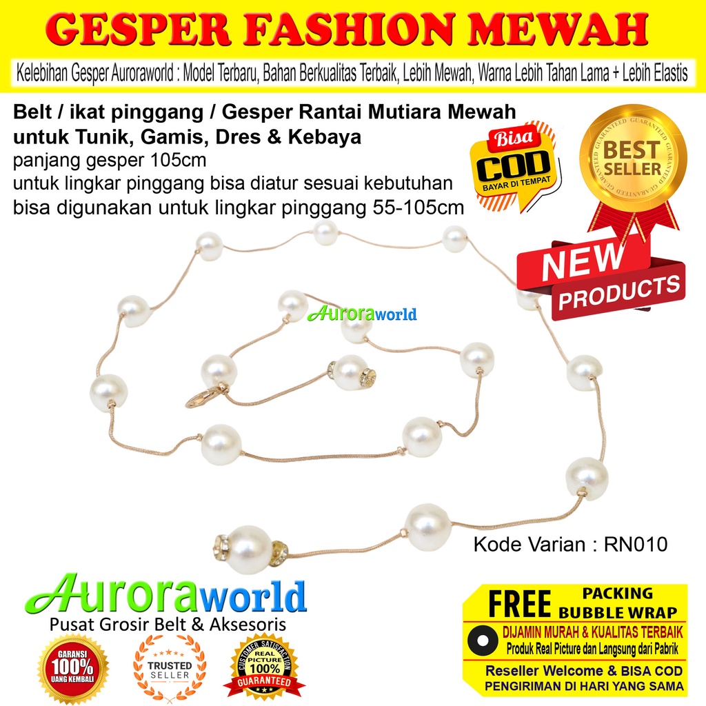 Auroraworld Belt wanita ikat pinggang mutiara gesper rantai perempuan mewah untuk dress gamis tunik tali pinggang cewek Fashion korea Terbaru bisa COD RN-1A