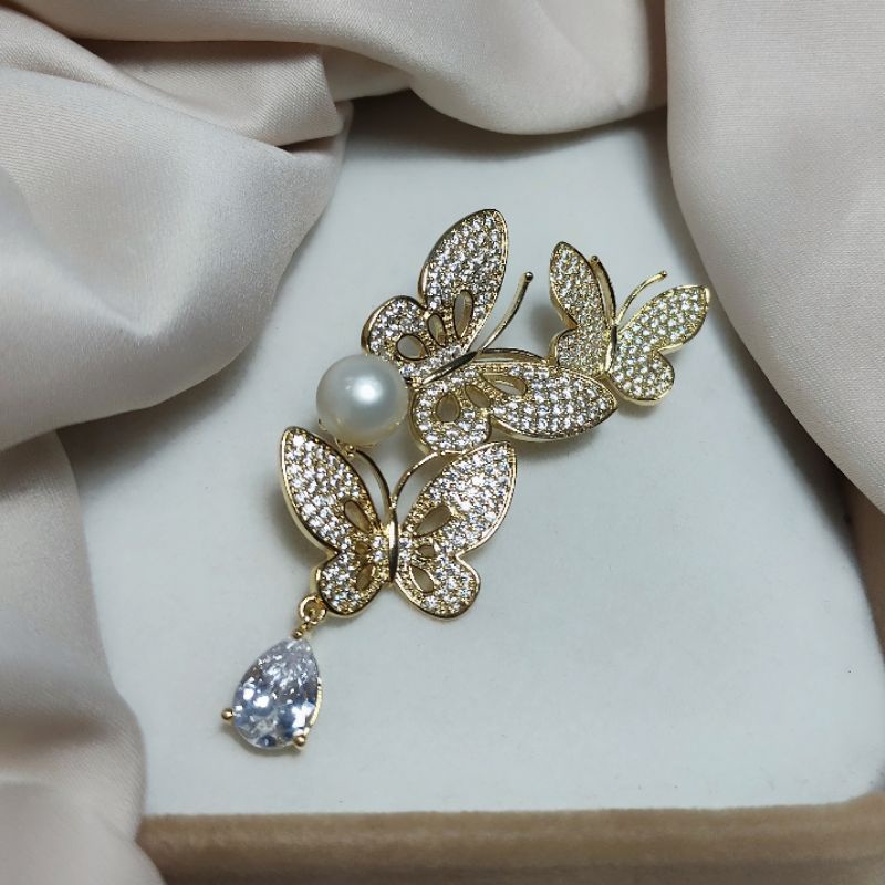 Bros rhodium lapis emas mutiara air tawar asli lombok bersertifikat Aksesoris mutiara lombok Aksesor