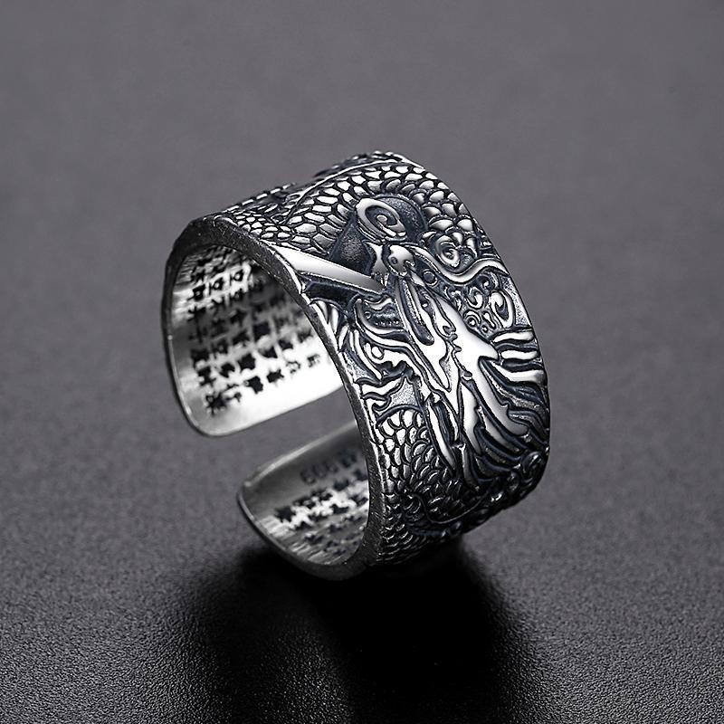 2022 Cincin Terbuka Adjustable Lapis Silver Motif Print Naga Gaya Hip Hop Untuk Pria