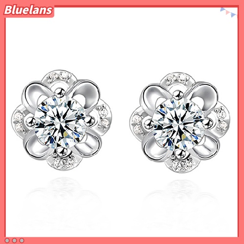 Anting Stud 925 Sterling Silver Bentuk Bunga Hollow Aksen Berlian Imitasi Untuk Wanita