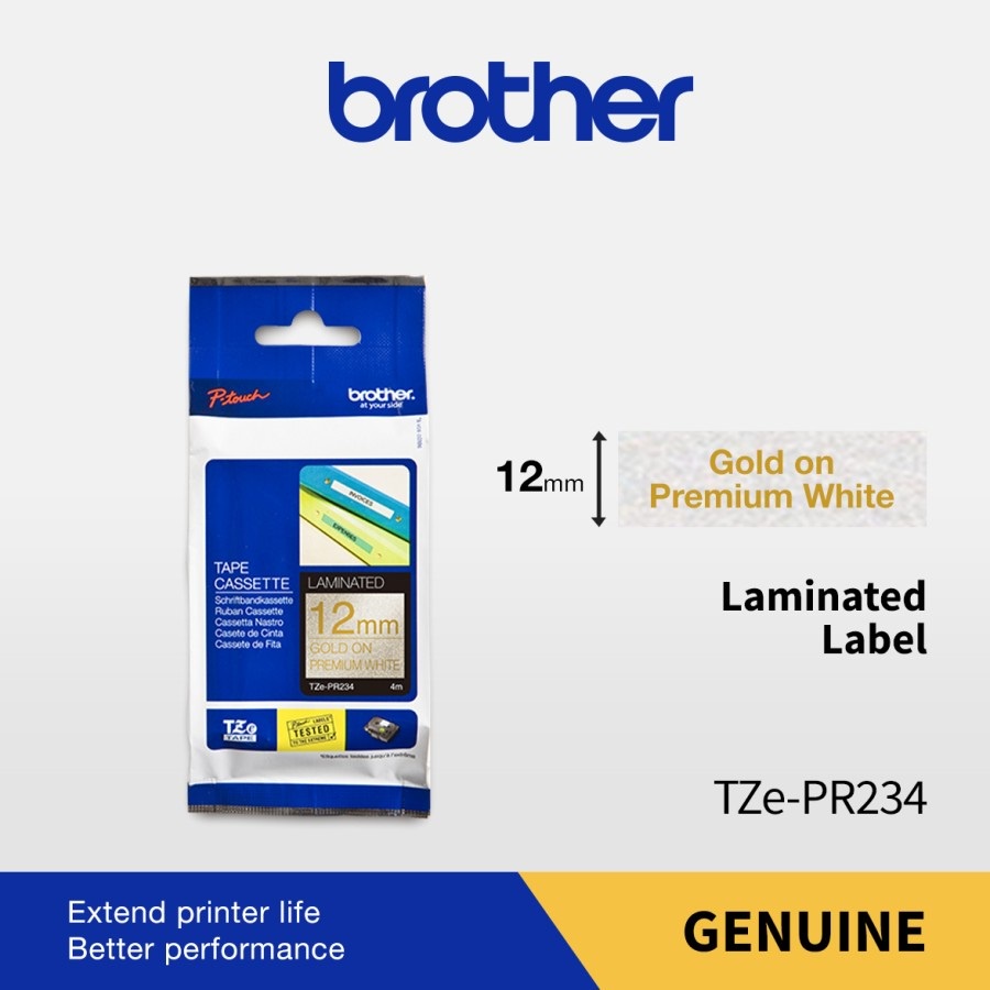 

Brother Color Tape TZE-PR234 12mm Laminated Gold On Premium White