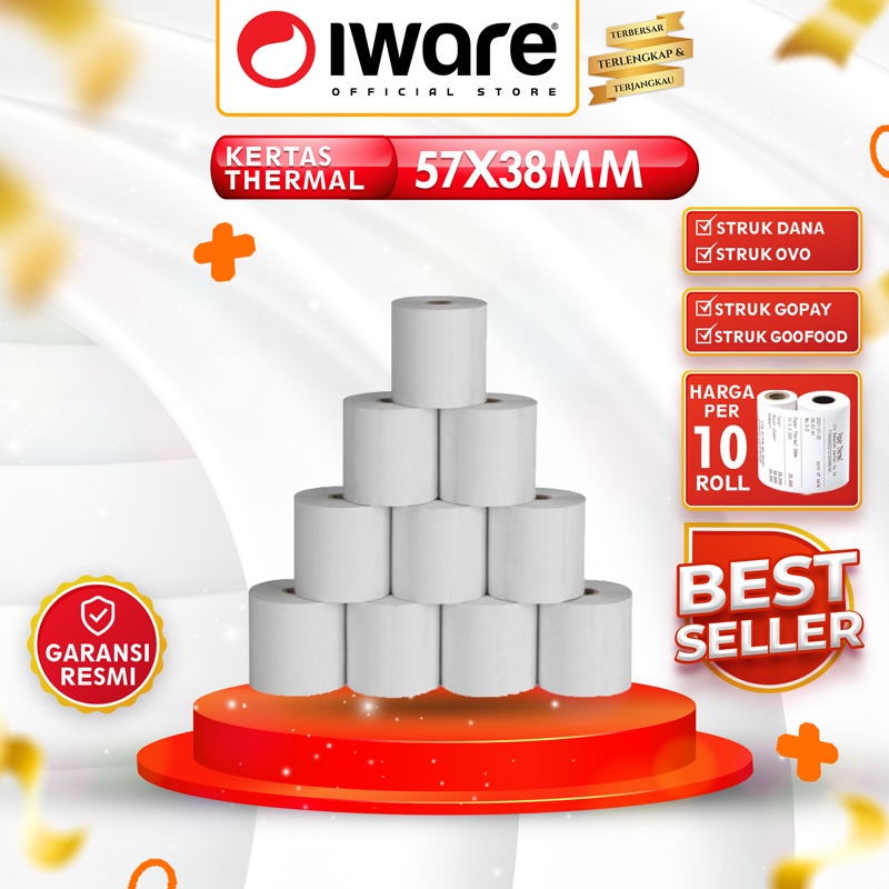 

Iware Kertas Kasir Struk Paper Roll 57X38 MM ISI 10 ROLL Thermal Pos Receipt Printer
