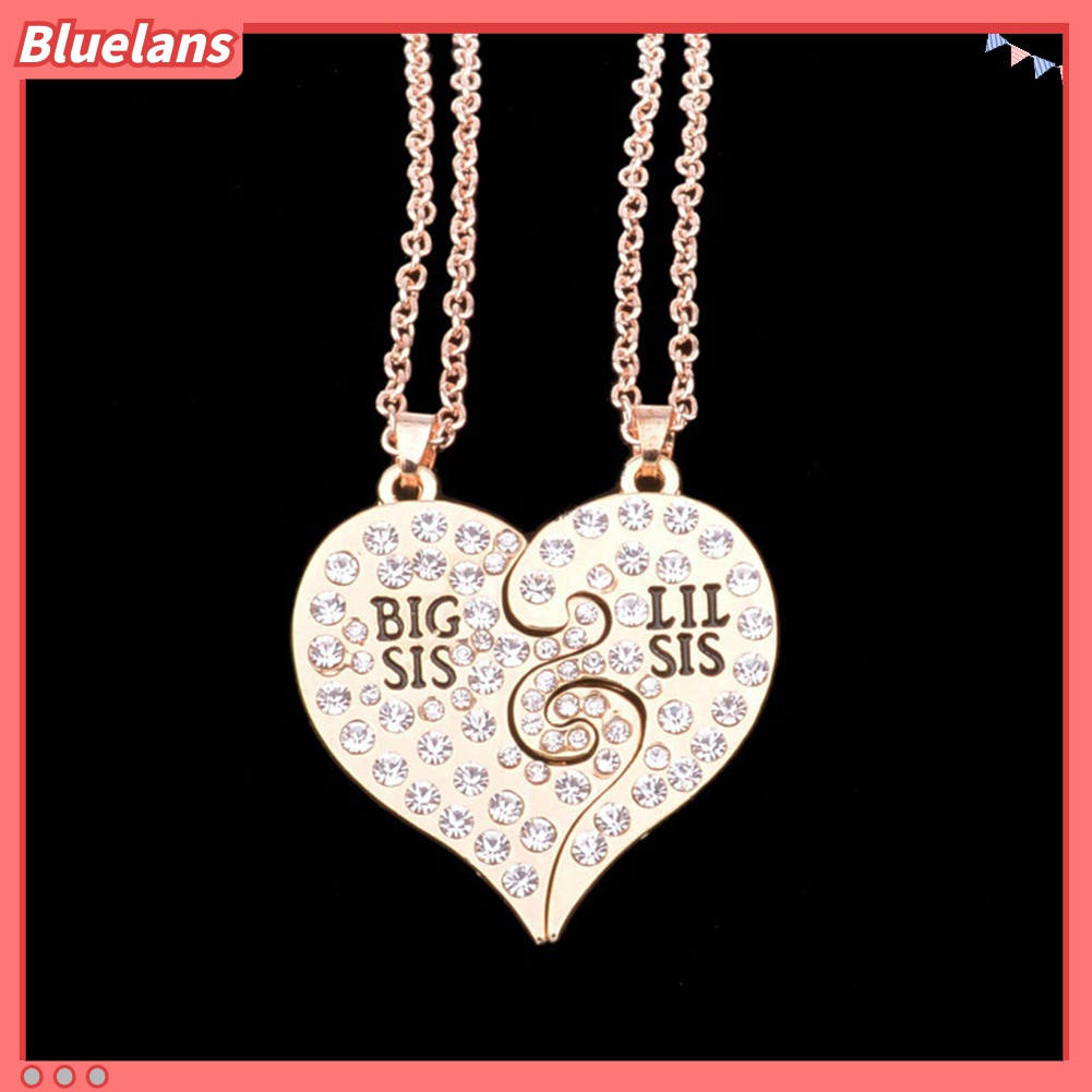 2pcs Kalung Bentuk Hati Motif Tulisan Big Little Sister Aksen Berlian Imitasi