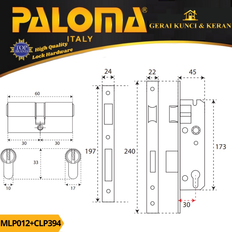 PALOMA MORTISE LOCK SET CYLINDER MLP 012 CLP 394 STAINLESS BODY SWING BACKSET 30MM CYLINDER 60MM SN