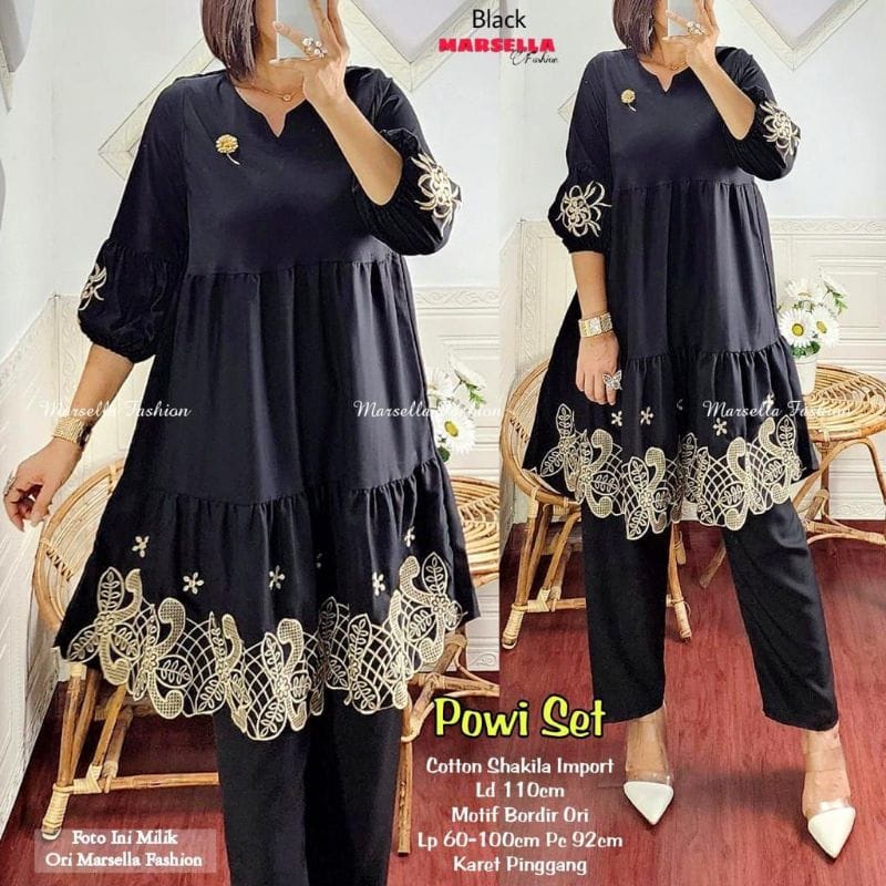 Baju Wanita Setelan Terbaru Powi One Set Tunik Jumbo Celana Panjang Setelan Wanita Kekinian Aksen Bordir Ootd Korean Style