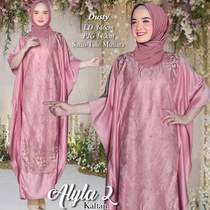 PROMO KAFTAN baju muslim kaftan modern jumbo satin brokat tile mutiara cantik alyla - dustypink WANI