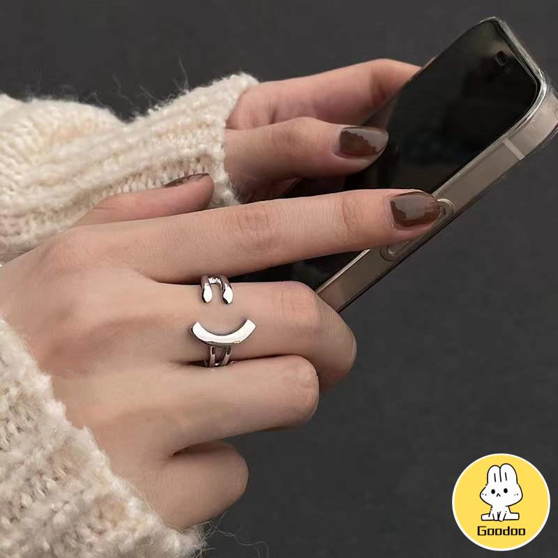 Cincin Model Terbuka Adjustable Desain Smiling Face Warna Silver Untuk Wanita -Doo