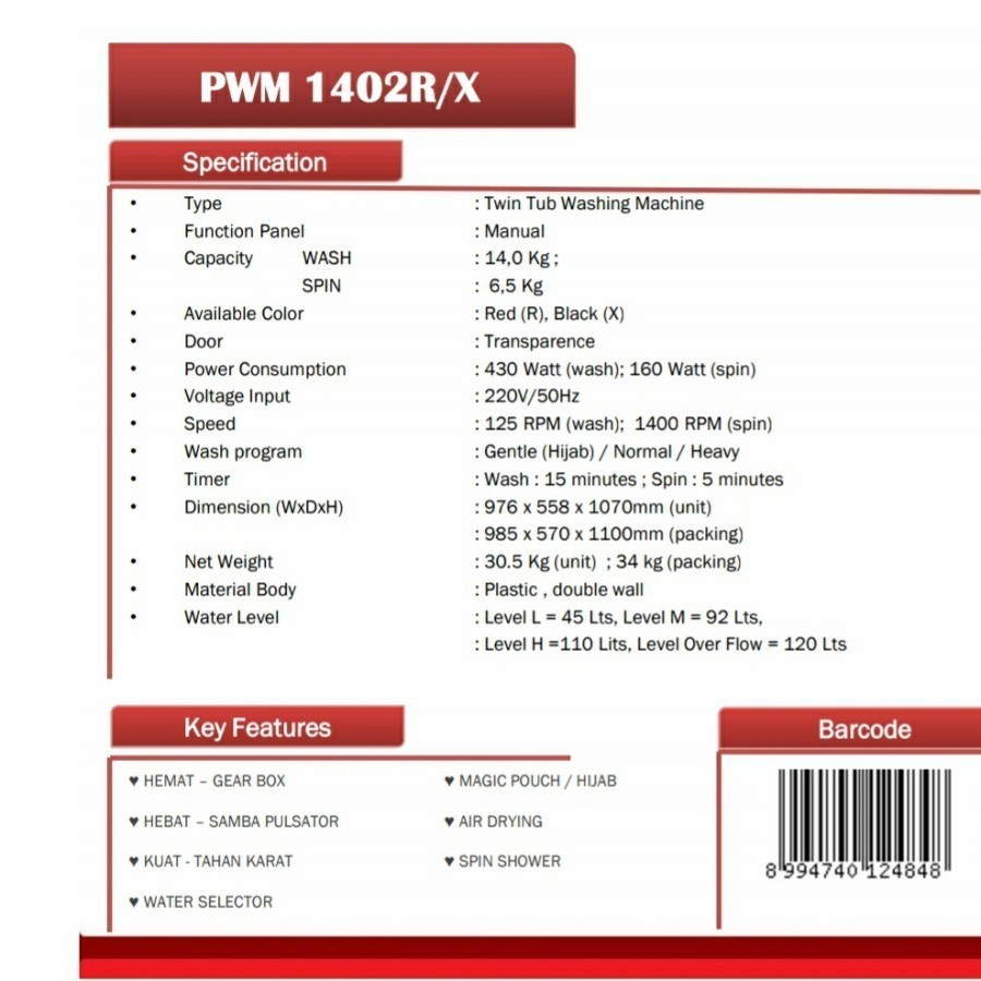 MESIN CUCI POLYTRON PWM 1401 /1402 14KG 2 TABUNG PWM 1401 14 KG PRIMADONA