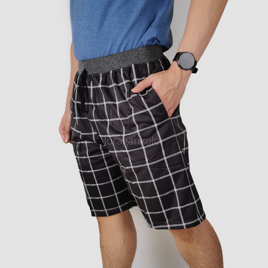 Celana Pendek Pria Motif Kotak Tartan Rib Kolor Cowok Dewasa Santai