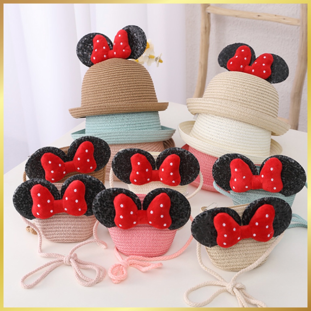 TOPI BUCKET MIKI HAT PANTAI BULAT ANAK PEREMPUAN MURAH CEWEK CEWE LIPAT JERAMI LUCU POLOS TALI 2 3 4