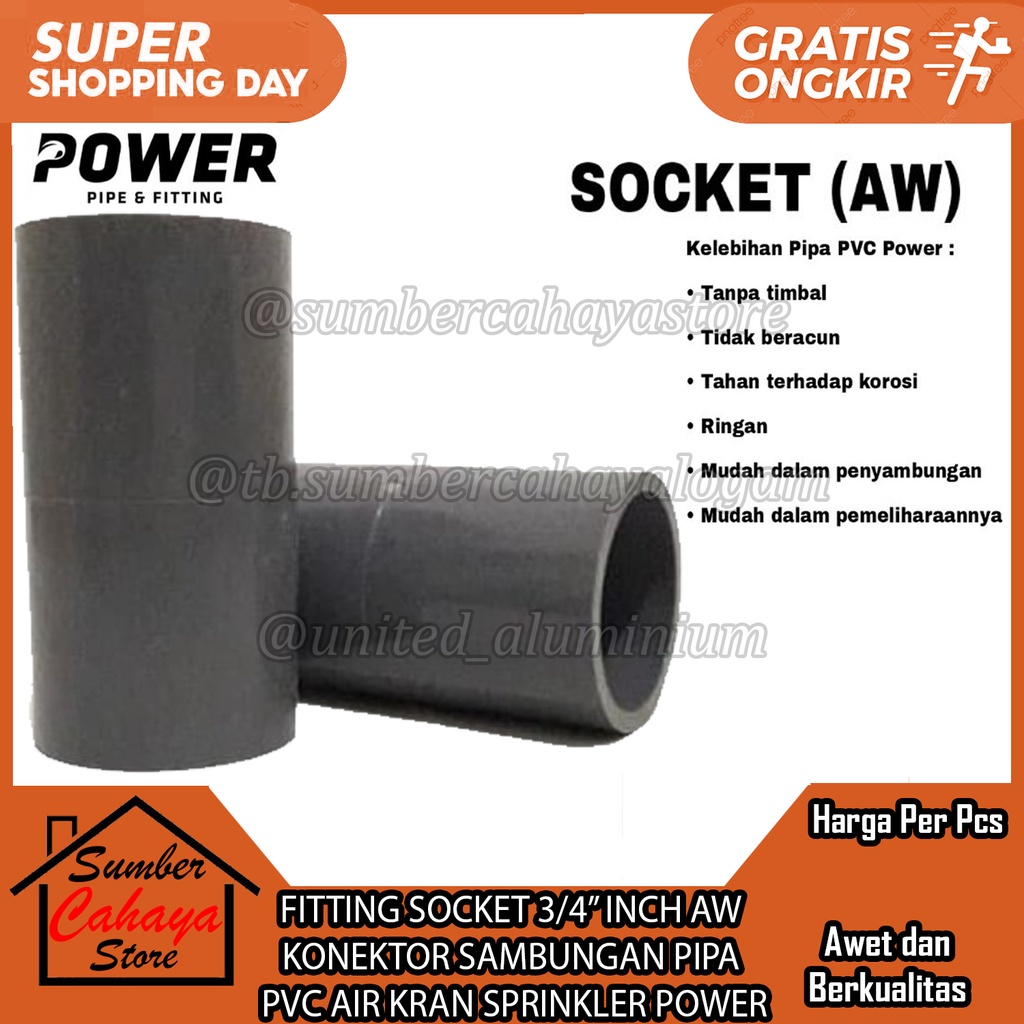 SOCKET AW POWER 3/4” INCH SAMBUNGAN FITTING PIPA LURUS POLOS PVC AIR KRAN KONEKTOR SPRINKLER SOK SOK