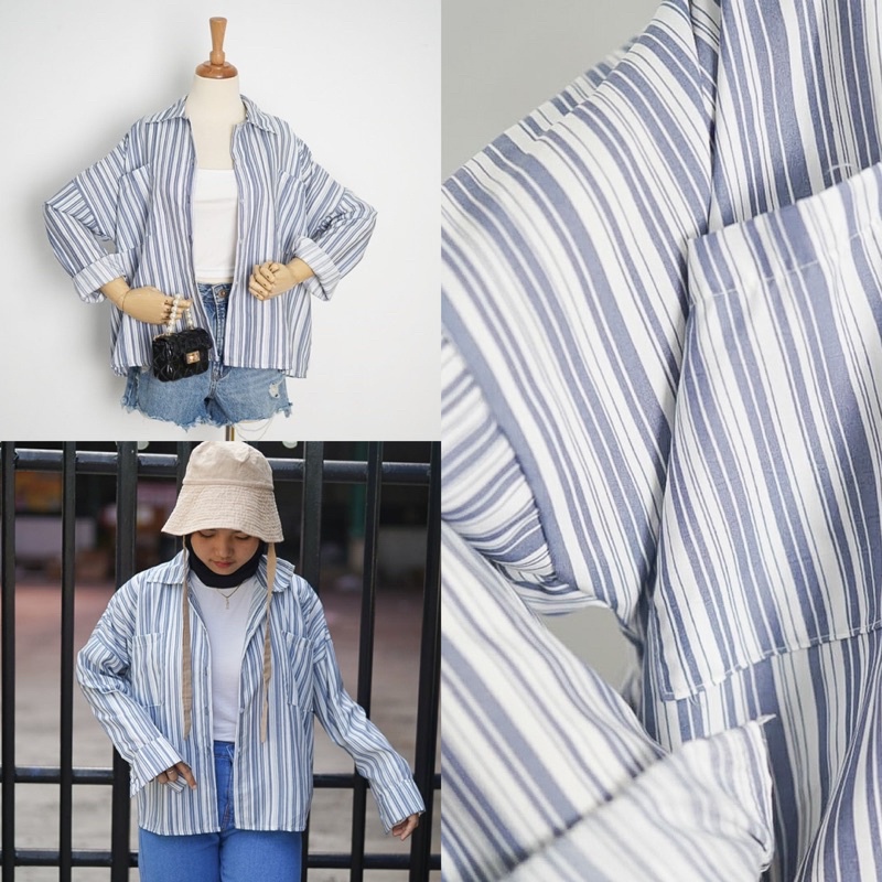 BEFAST - ZFS OOTD Kemeja Salur AYURA / MIYUKI DOUBLE POCKET SHIRT / Atasan Kemeja Lengan Panjang / Hem Stripe / Pakaian Casual Wanita / Kemeja Bisa Di Jadikan Outer / Fashion Ala Style Korean Wanita / kemeja Motif Garis-Garis / Hem Trendy / Termurah