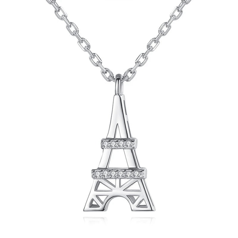 Fancyqube Kalung Rantai Dengan Liontin Bentuk Menara Eiffel Aksen Batu Kristal Warna Silver Untuk Wanita