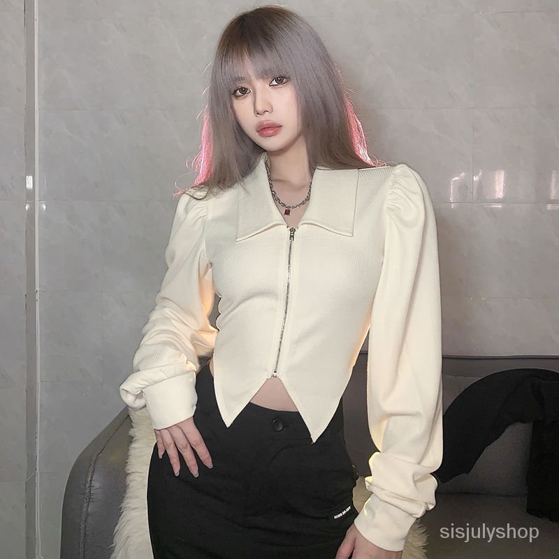 #Sisjuly# Jaket kardigan ritsleting kerah retro wanita pinggang tidak beraturan ramping mengungkapka