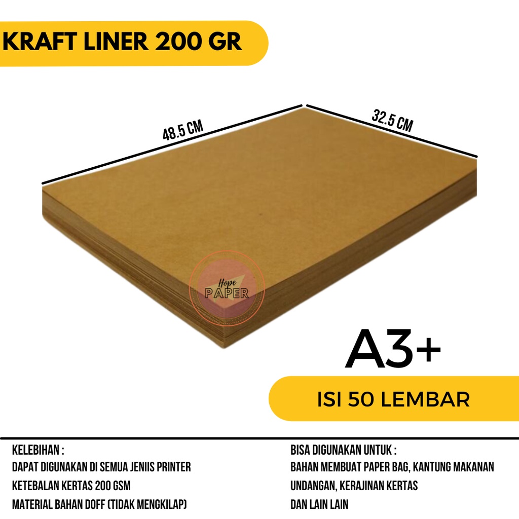 

Kertas Paper Bag Lembaran 200 gsm Kraft Liner A3 Plus isi 50 lembar / Bahan Paper Bag / Brown Kraft Paper