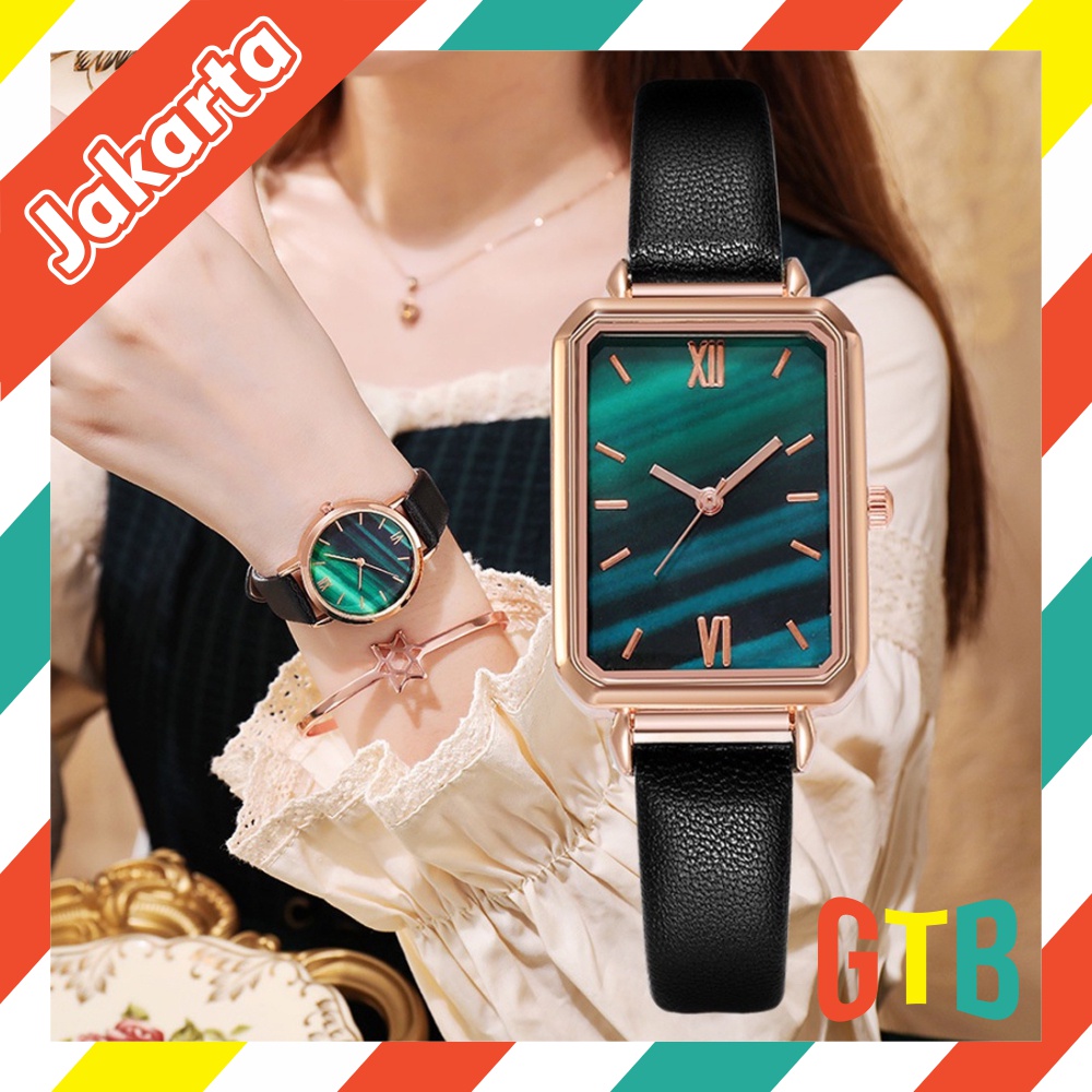 ❤️GTB❤️ Jam Tangan Kecil Wanita Dial Kotak Gradasi Analog Quartz Strap Pu Leather Fashion Import JT054