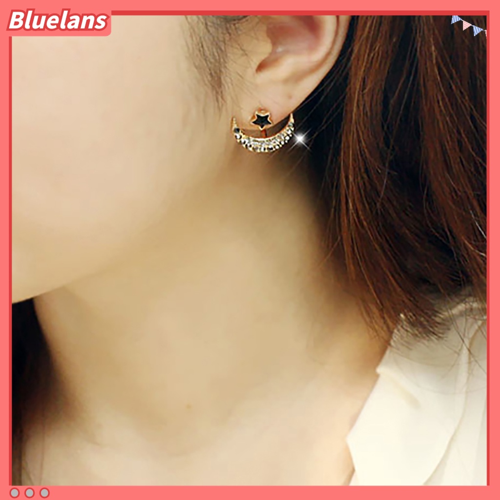 1 Pasang Anting Stud Bentuk Bulan Bintang Aksen Berlian Imitasi Bahan Alloy Untuk Wanita