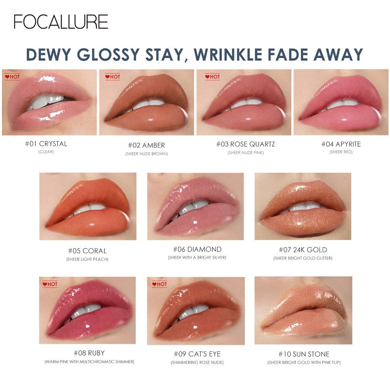 FOCALLURE Lip Gloss Gliter Make Up Kosmetik Bibir Berkilau Dengan Pelembab(100% Original) Jaga Agar Tetap Terlumasi