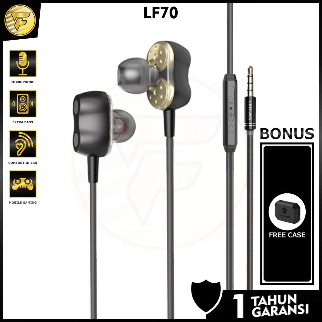 LENYES LF70 earphone Double Dynamic HIFI EXTRA BASS stereo music gaming telpon headset with microphone original