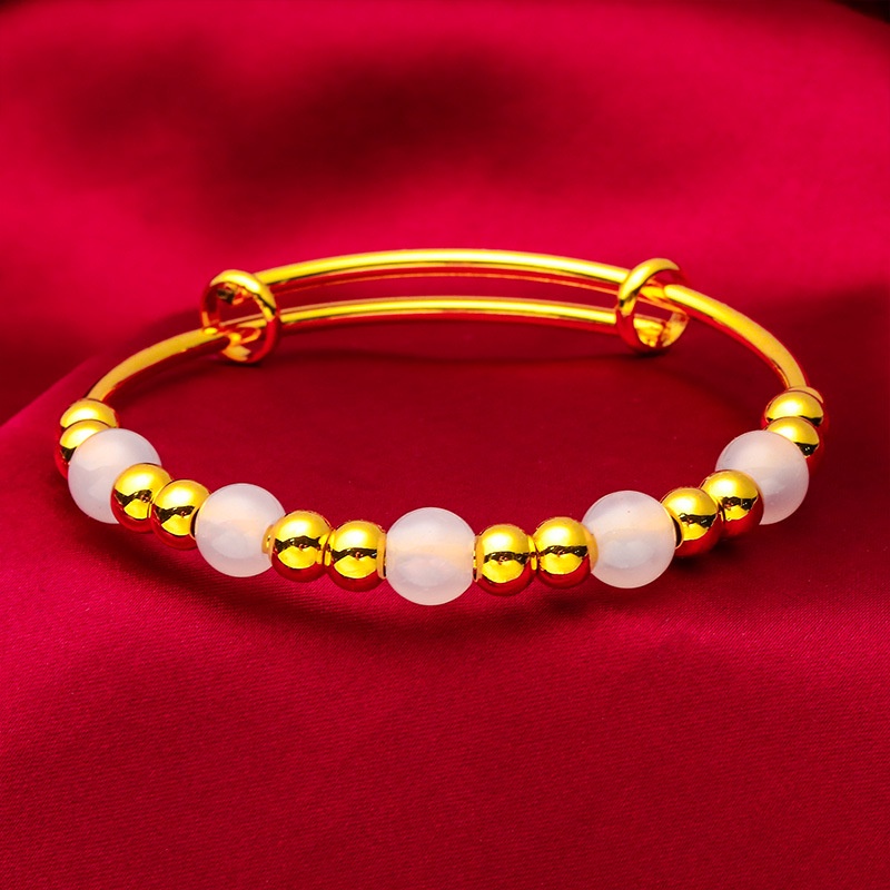 Goldkingdom Fashion Perhiasan Emas Asli Kadar 375 Bangkok Aksesoris Ready Stock 8mm Agate Adjustable Gelang Dorong Tarik Lebar Gelang Agate Wanita