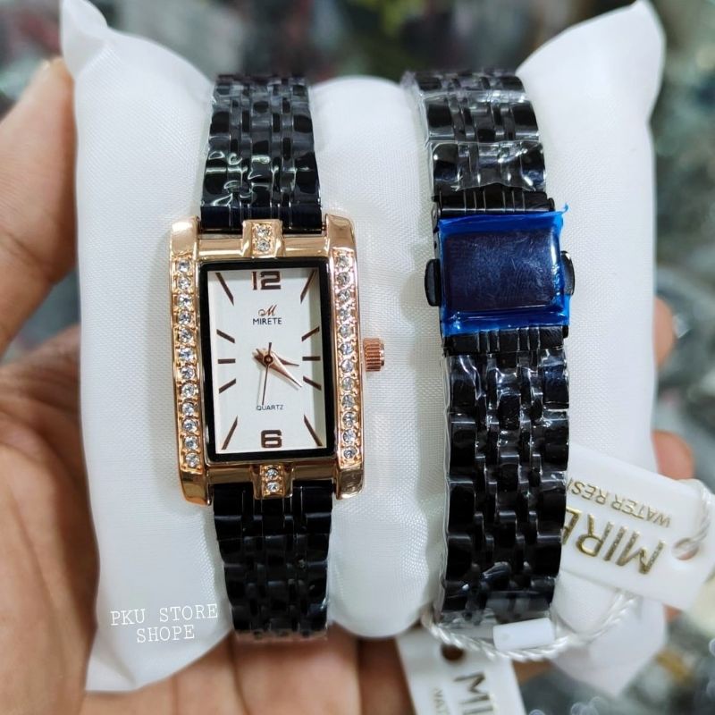 Jam Tangan Wanita Strap Rantai Persegi Panjang Motif Permata Mirete Original Anti Air Quar Analog / Jam Tangan Cewek Water Resistant  Import Motif Permata Mewah / Jam Tangan Kasual Wanita Terbaru Terlaris COD Realpick READY stok MIRETE ORIGINAL /JAM cewek