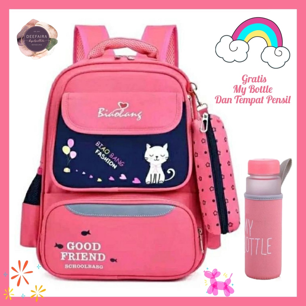 Tas Ransel Sekolah Anak Perempuan Love Kucing Free Botol Minum Untuk Anak Tk Dan Sd