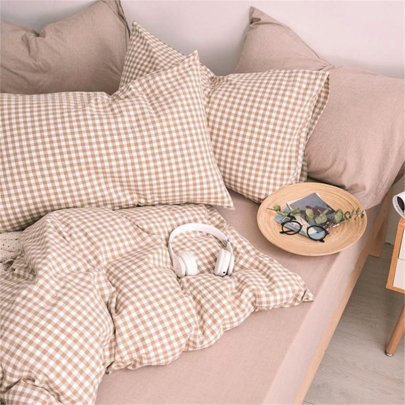 Sprei Estetik Gingham Khaki Mix Polos Korean Ukuran 120x200 160x200 180x200 Nude Pastel Cream