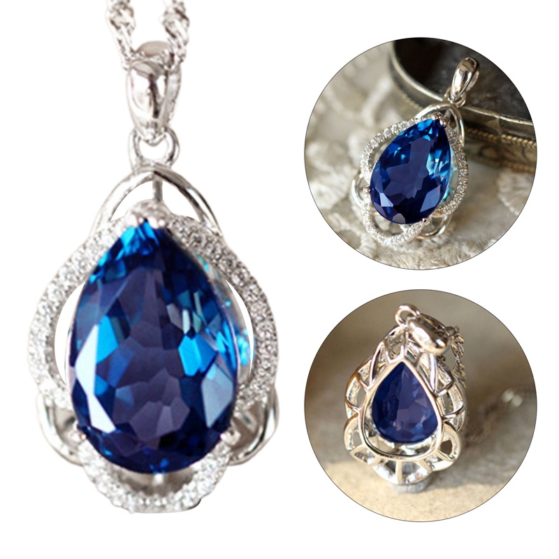 Kalung Liontin Water Drop Cubic Zirconia Biru Untuk Wanita