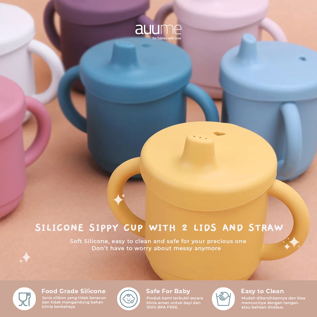 Auume - Baby Silicone Sippy Cup With 2 Lids and Straw | Baby Silicone Drinking Cup with Handle | Gel