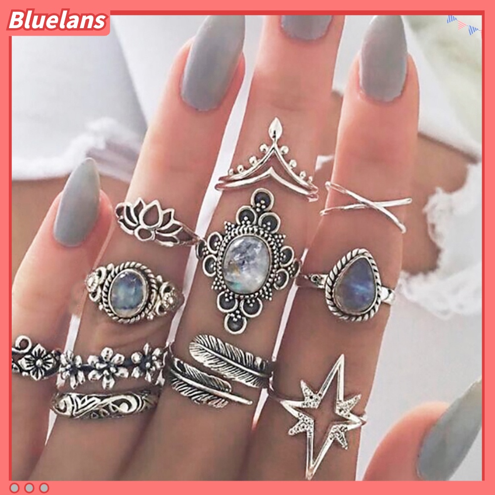 Bluelans 11Pcs Women Retro Hollow Rhinestone Knuckle Midi Finger Tip Stacking Joint Ring