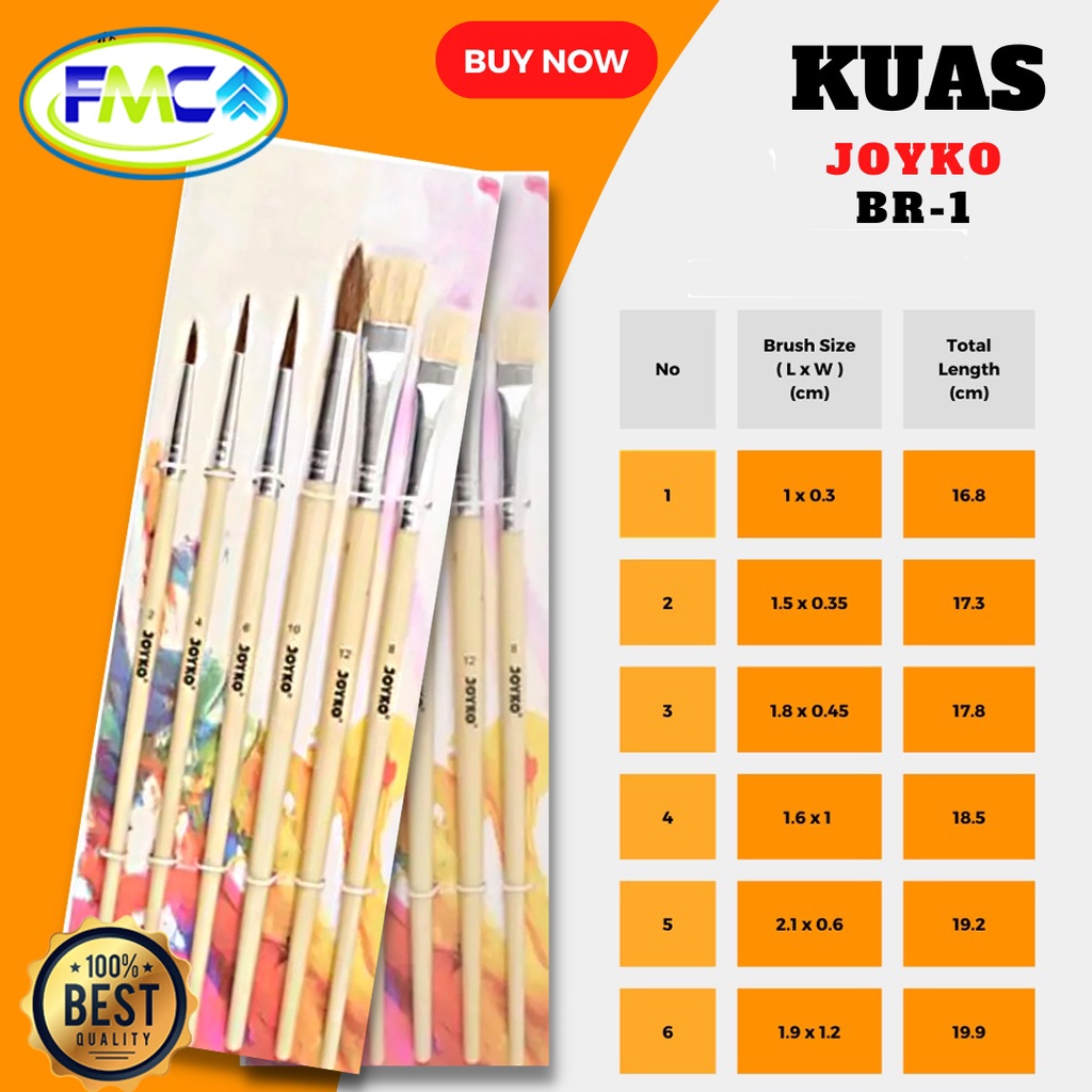Kuas Lukis Set 6 Pcs Joyko Kuas Cat Air Melukis Mewarnai no 2, 4, 6, 8, 10, 12 Paint Brush Murah Kualitas Kuas Lembut