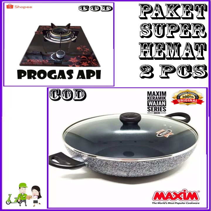 MAXIM CERAMIC WOK 30 CM TUTUP KACA ORI + KOMPOR PG API BARA 1 TUNGKU  BERGARANSI RESMI