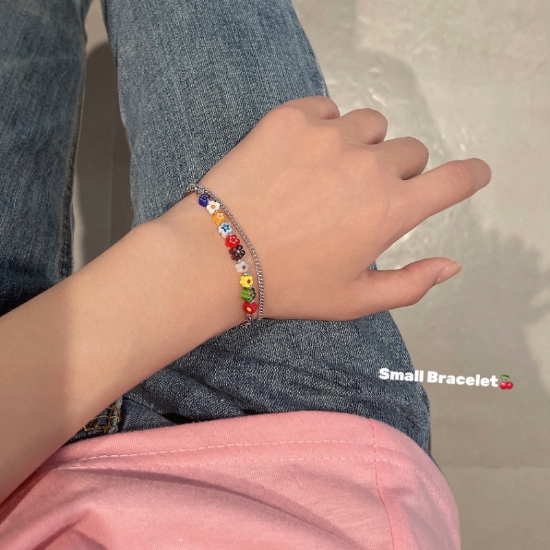 Roselife Gelang Tangan Rantai Silver Wanita Desain Bunga Resin Pelangi layer Ganda Gaya Korea