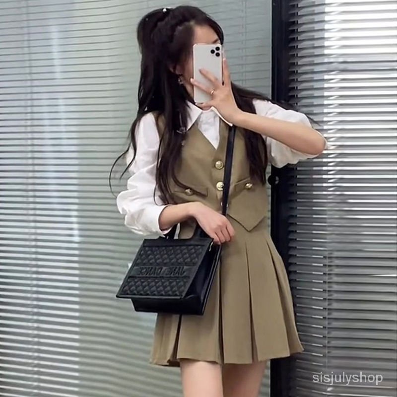 #Sisjuly# Rok lipit rompi wanita mengatur versi Korea baru dari seratus kemeja tiga set