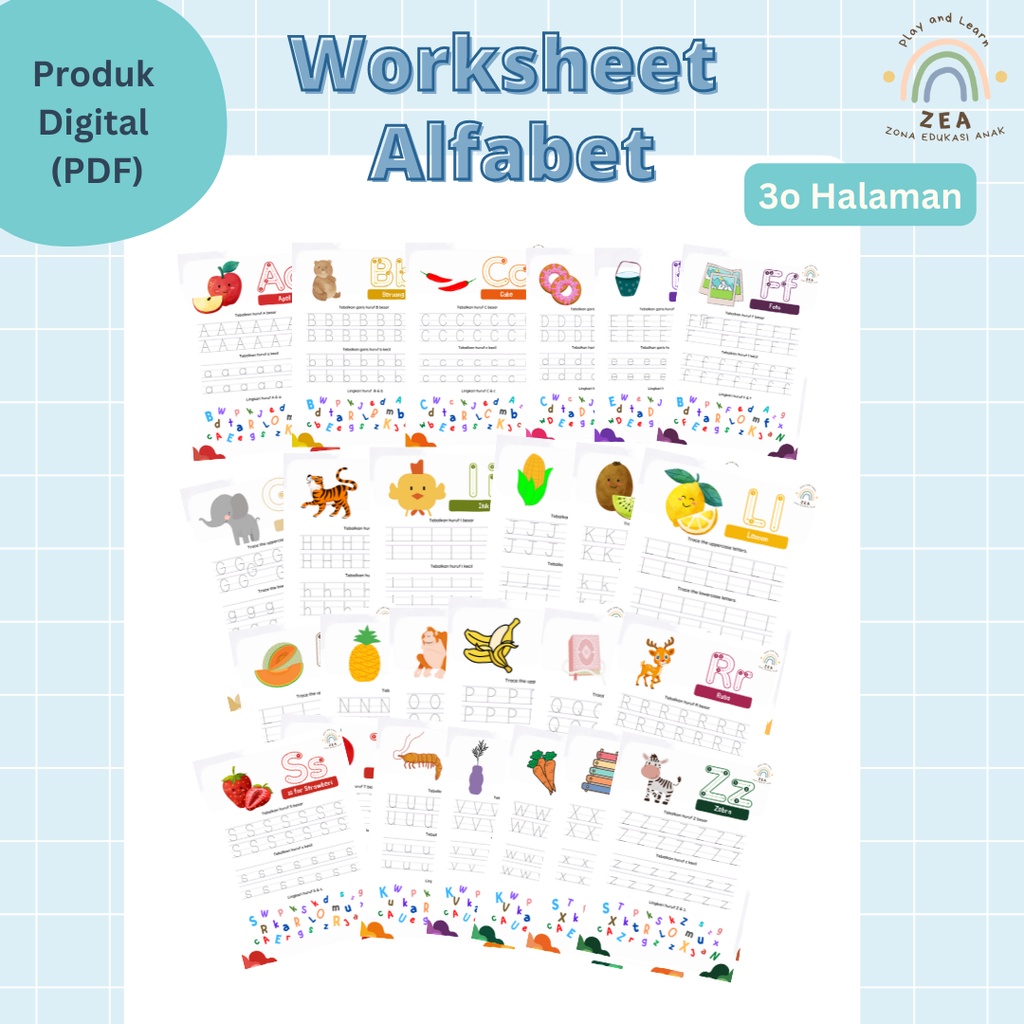 Mainanzea [DIGITAL FILE] Worksheet Alphabet 30 halaman-Lembar Kerja menulis untuk anak TK