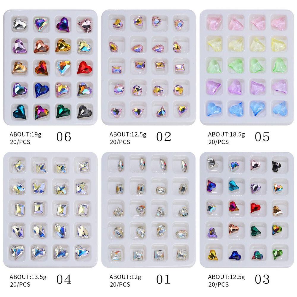 Mxbeauty Nail Art Rhinestones Glitter 20 Pcs/Set Fashion Wanita Menunjuk Kembali Membuat Perhiasan Miring Hati DIY Craft Kaca Batu Kuku Charms