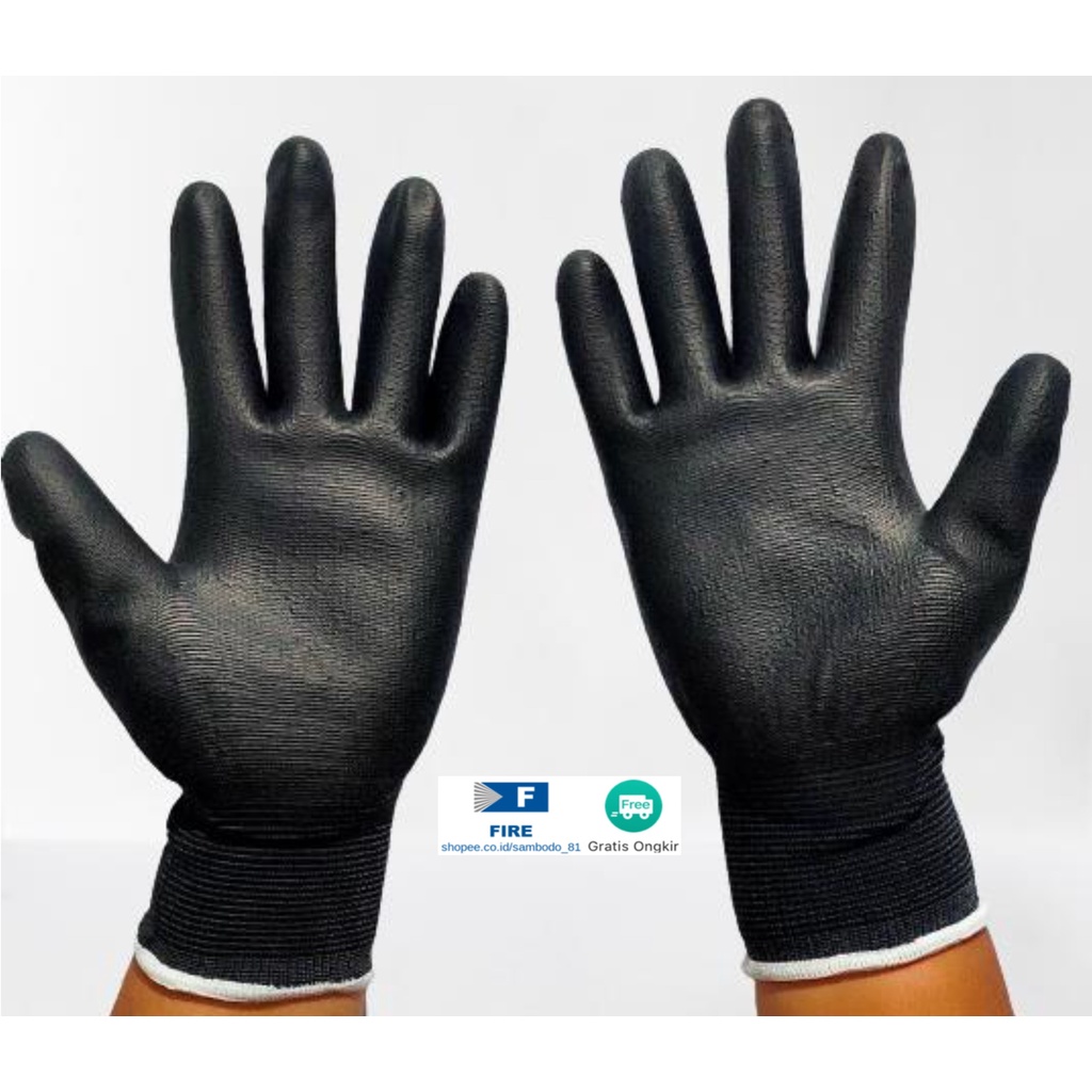 Sarung Tangan Pengaman kerja Packing PU Statis Multitask Karet Palm Fit Ukuran S,M, L, XL Proyek Satpam Anti Slip Hitam Black Hand Gloves Mekanik Montir Berkebun Tukang