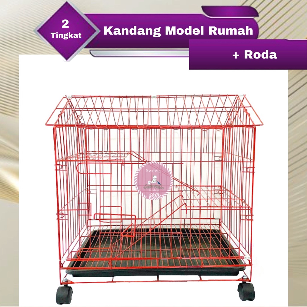 KANDANG KUCING 2 TINGKAT MODEL RUMAH 60X40X70 + RODA