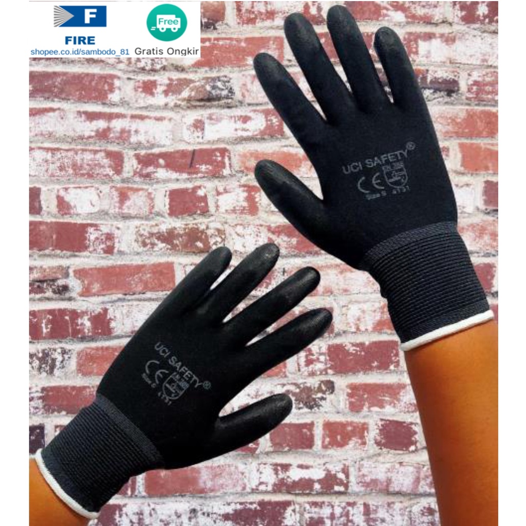 Sarung Tangan Satpam Anti Slip Hitam Black Hand Gloves Mekanik Montir Berkebun Tukang Telapak Tangan dilapisi karet Bahan Nylon Polyester Elektronik Assembly Static Multi Purpose Polyurethane Kerja Palmfit Safety Gloves