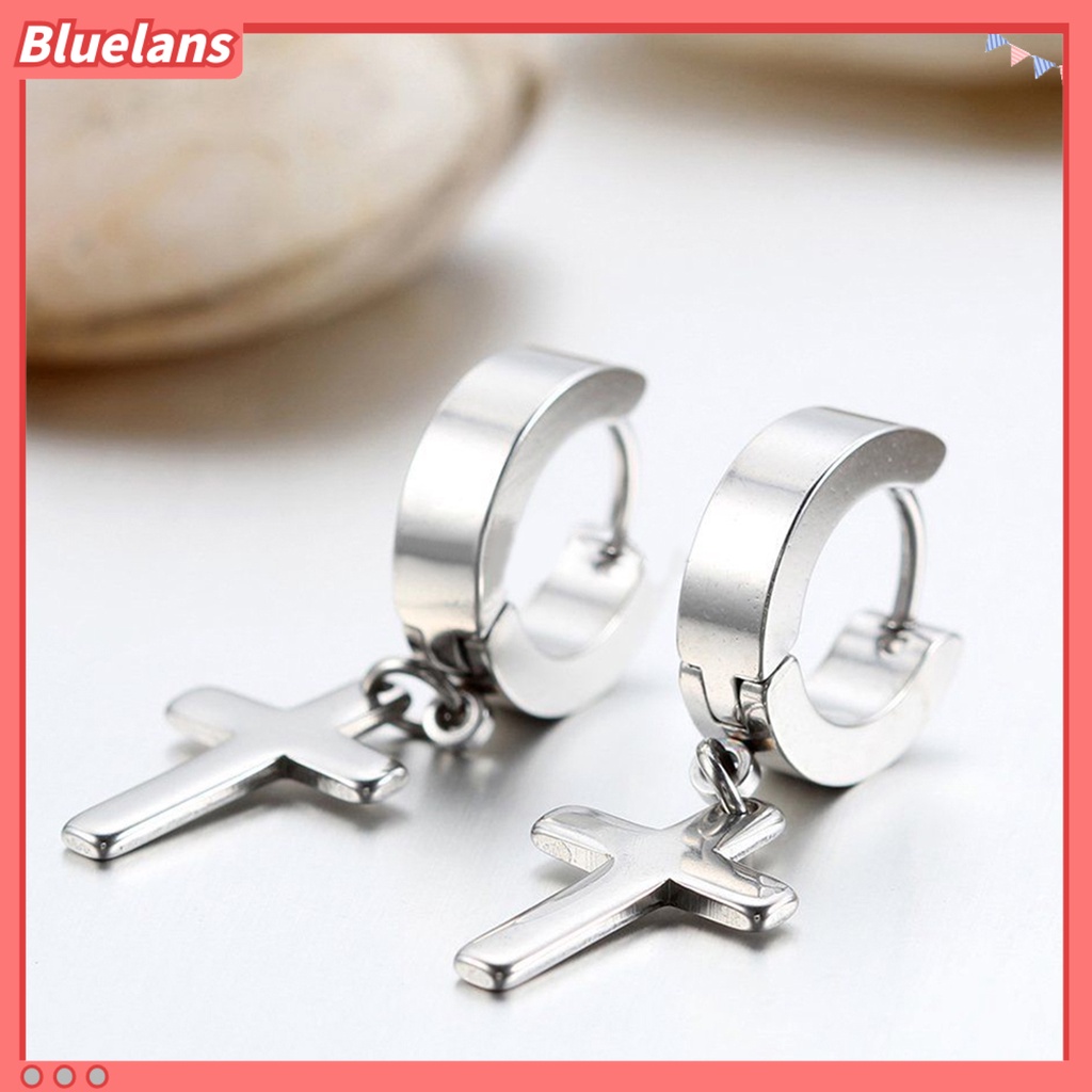 Bluelans 1 Pair Ear Dangle Cross Pendant Eco-friendly Stainless Steel Huggie Hinged Hoop Earrings for Men