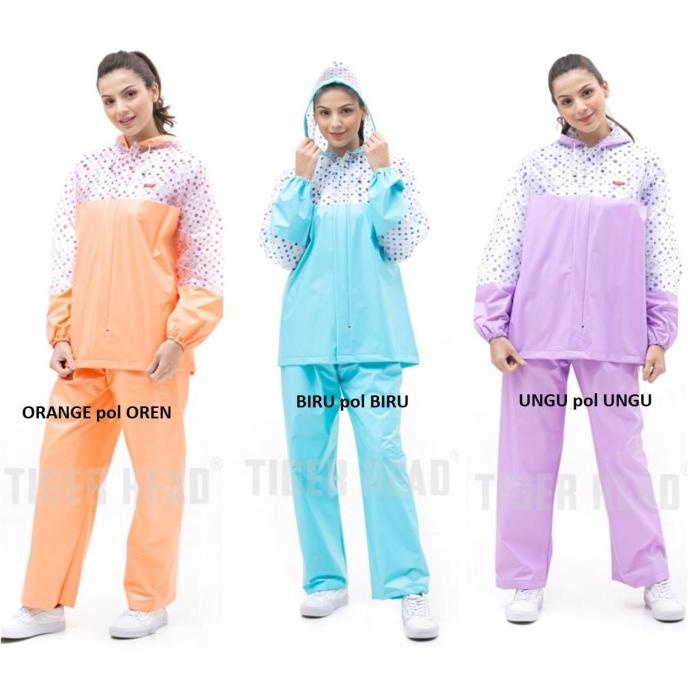 Jas Hujan Wanita Setelan Celana Simpel Cewek Plastik Motif Polkadot