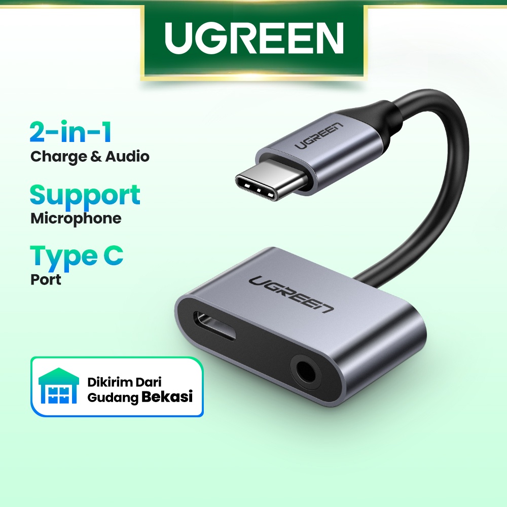 【Stok Produk di Indonesia】UGREEN Adapter Tipe C ke Jack Audio 3.5mm Model 2in1 untuk Huawei P20 Mi9