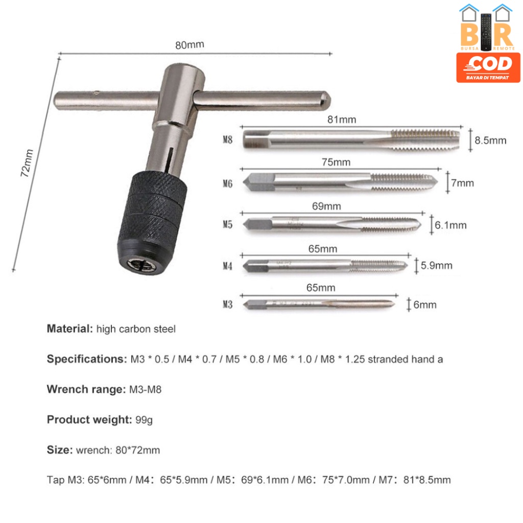 Mata Bor Hand Tap T Die Set 6In1 M3 - M8 Pembuat Ulir Drat Metric M3 M4 M5 M6 M8