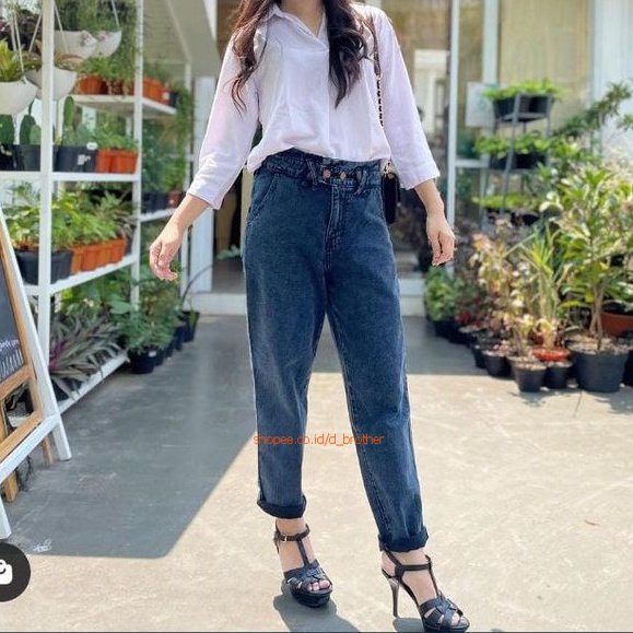 celana jeans baggy wanita highwaist karet stretch melar putih hijau white biru snow black Felicity Boyfriend