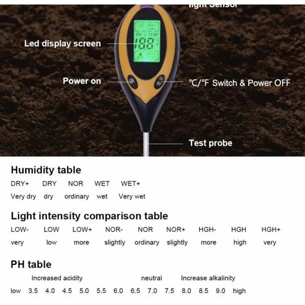 Harga termurah Alat Tester Tanah 4in1 PH Soil Meter Moisture Temperature Sunlight 4 in 1 for Plants with LCD 7DE
