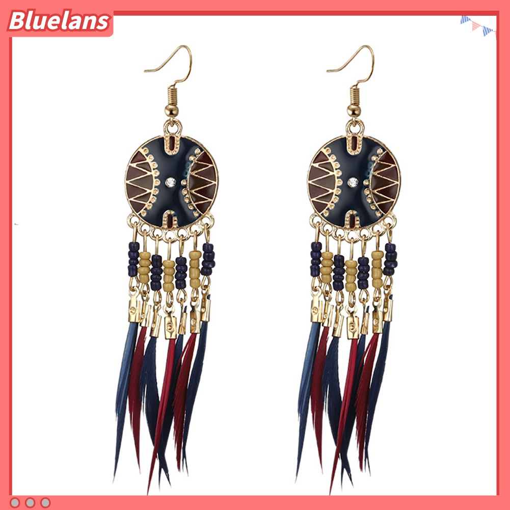 Anting Kait Gantung Desain Bulat Hollow Hias Rumbai Bulu Gaya Eksotik Untuk Wanita