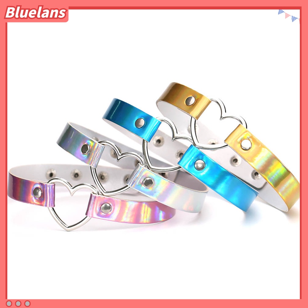 Bluelans Kalung Choker Bahan Kulit Imitasi Aksen Hati Logam Model Terbuka Holografik Untuk Wanita