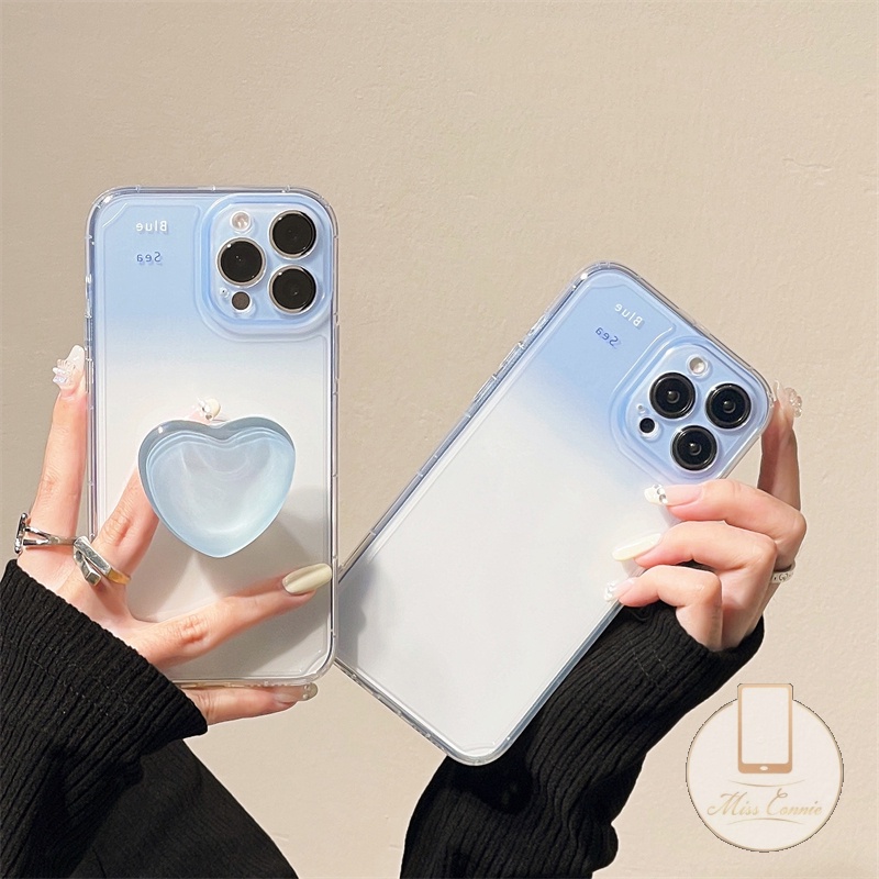Soft Case TPU Transparan Gradasi Biru + Ring Holder Untuk IPhone 7 8 6 6S Plus 11 13 12 Pro MAX XR X XS MAX SE 2020